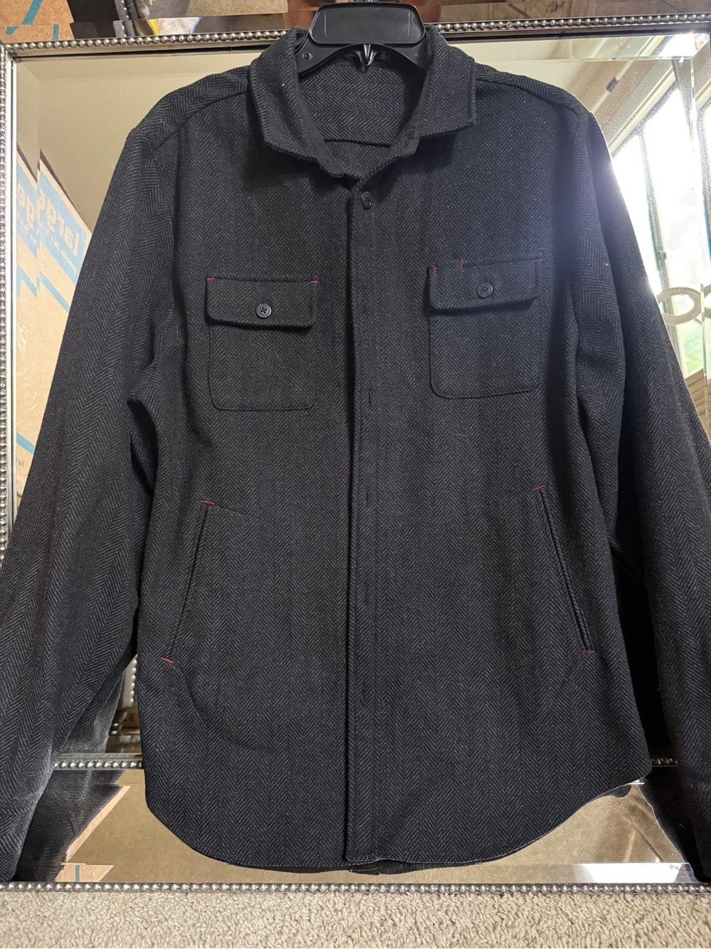 COMUNE Black Herringbone Wool Blend Overshirt Jacket -Minimal Utility Shirt- L